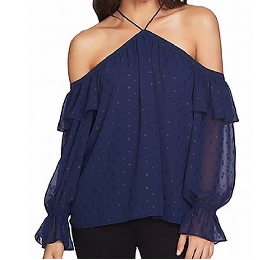 1. STATE metallic clip dot off the shoulder blouse